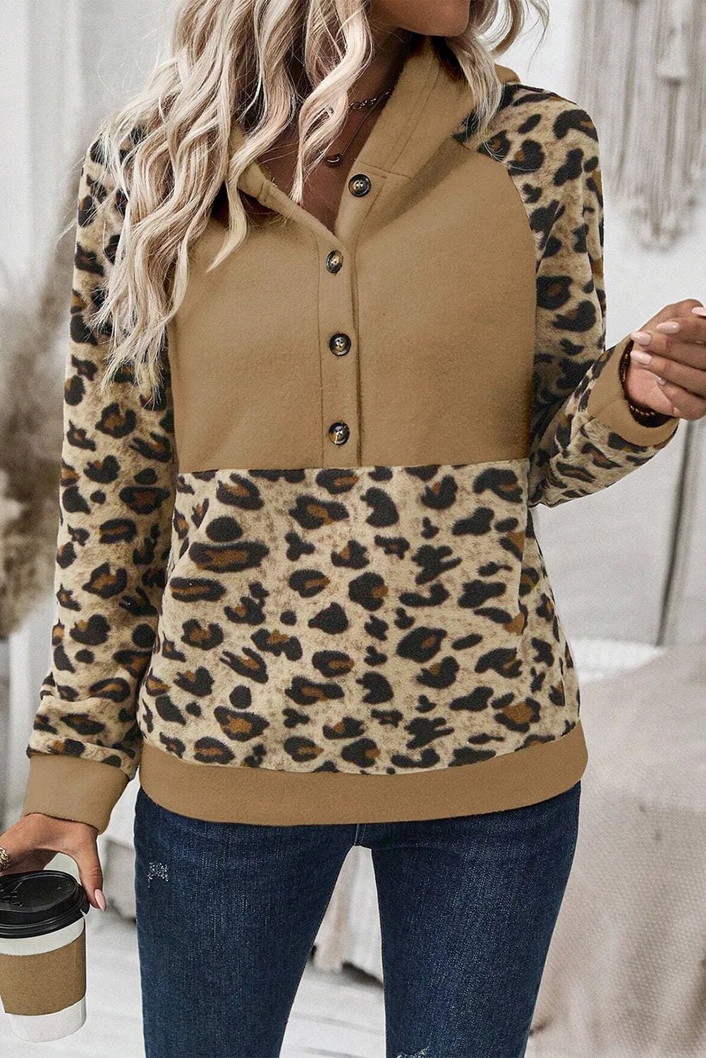 Leopard Half Button Long Sleeve Hoodie - Flip Flop Dynasty