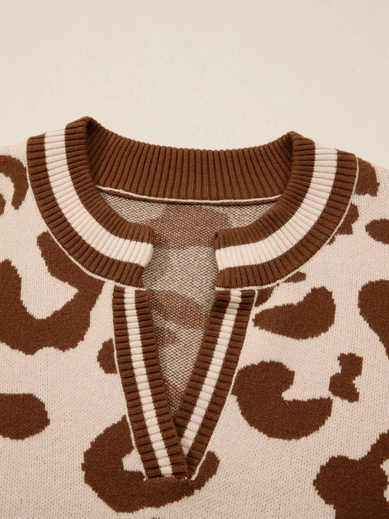 Leopard Knit Notched Casual Sweater - Flip Flop Dynasty