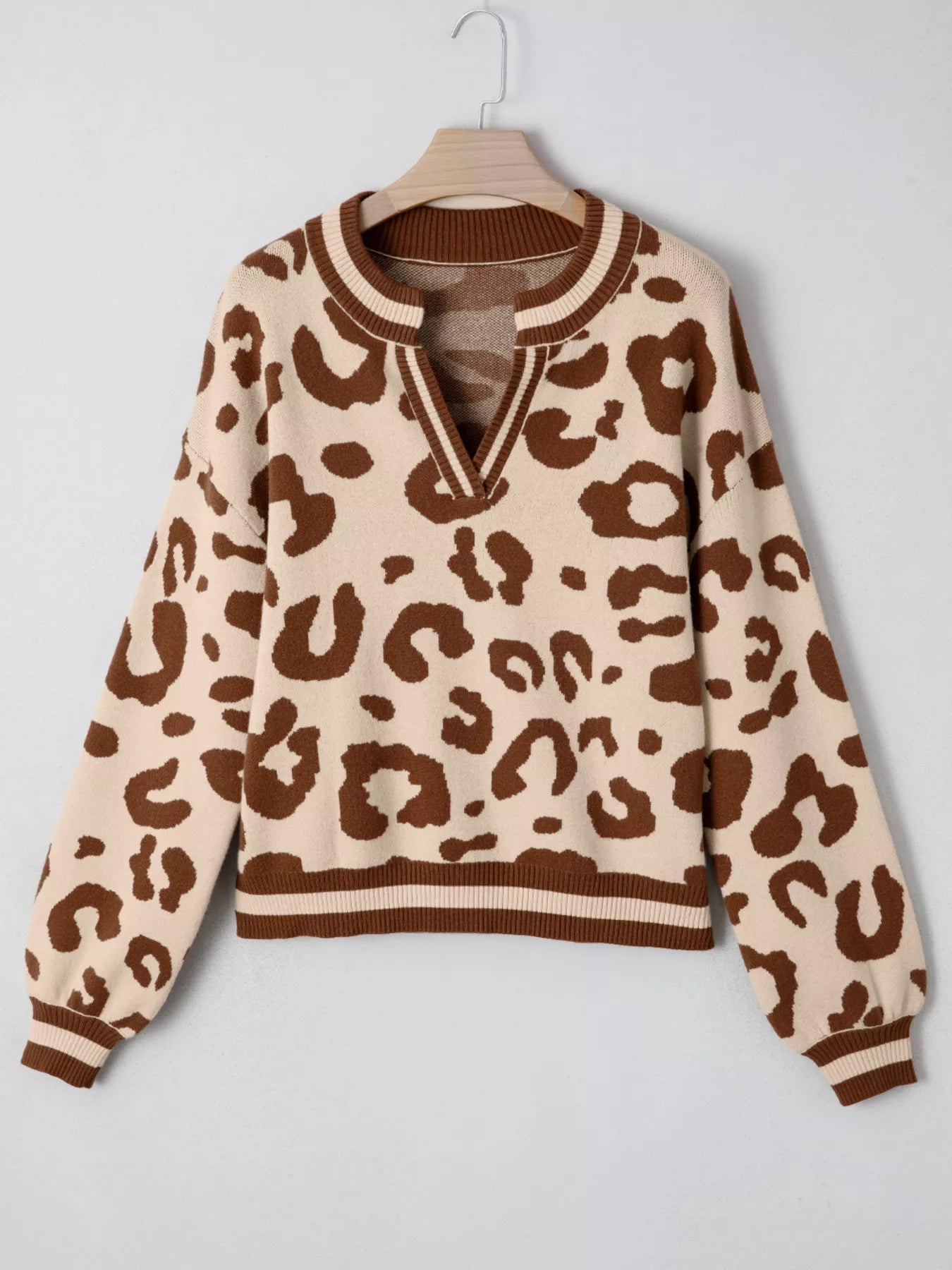Leopard Knit Notched Casual Sweater - Flip Flop Dynasty