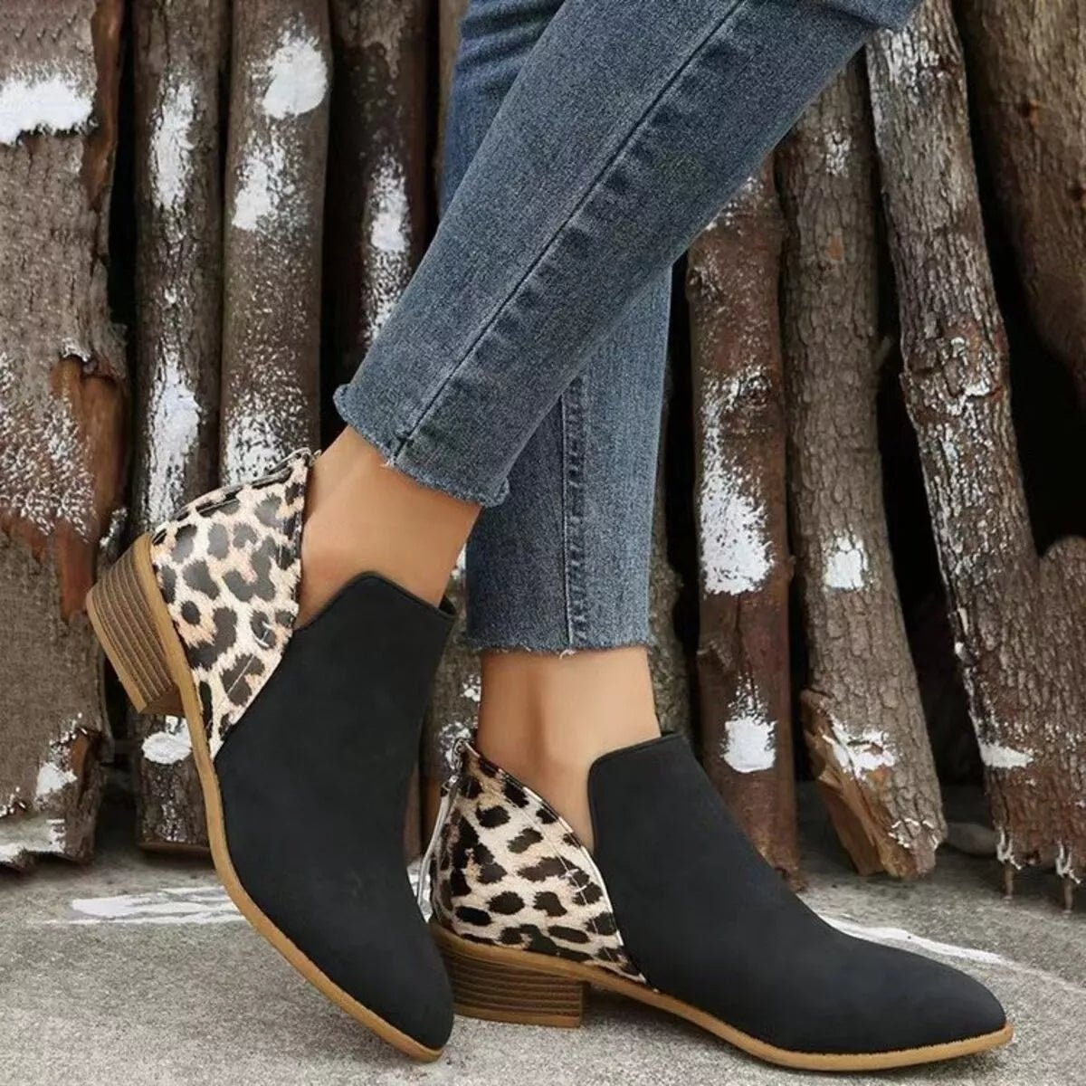 Leopard Point Toe Block Heels Boots - Flip Flop Dynasty