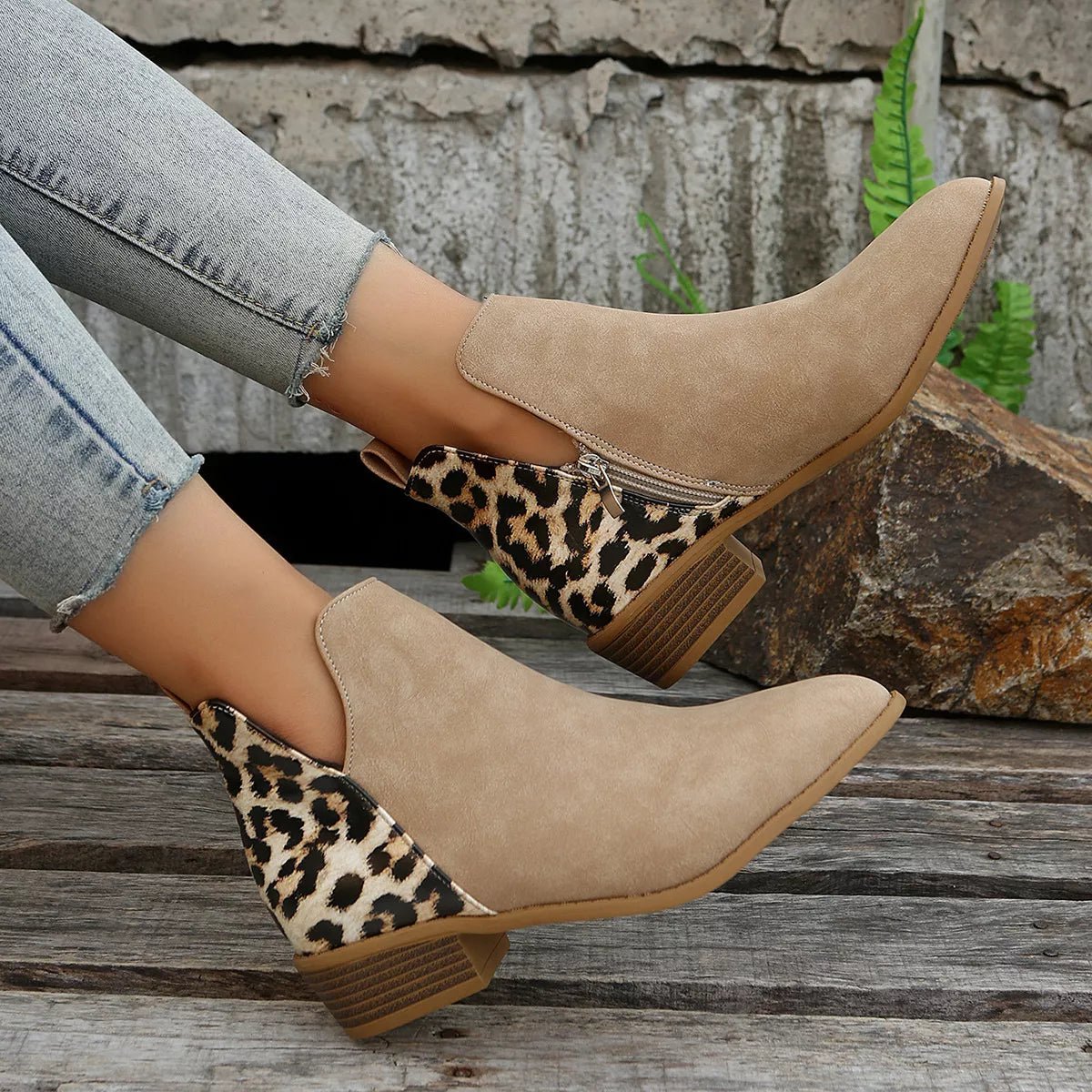 Leopard Point Toe Block Heels Boots - Flip Flop Dynasty
