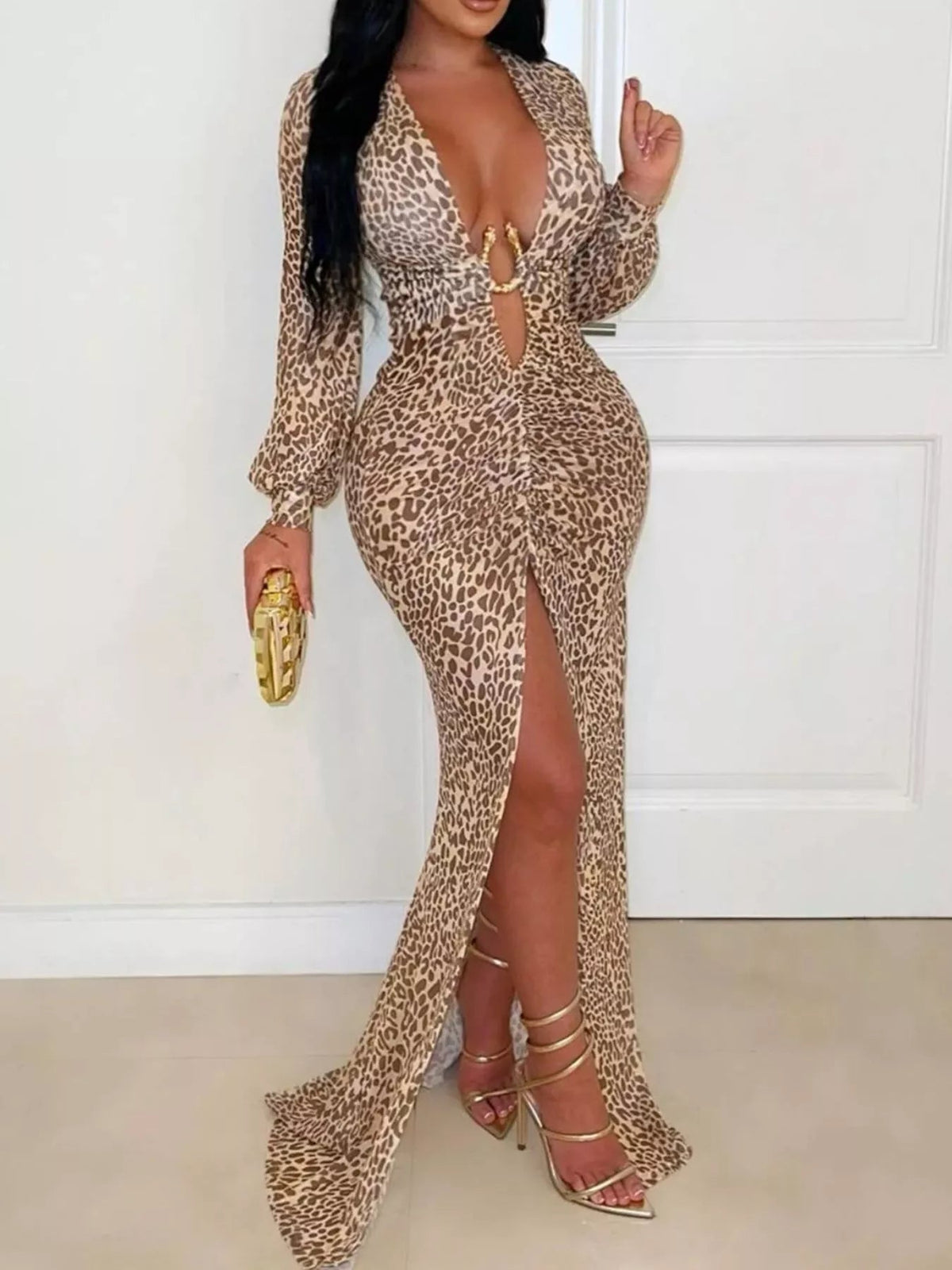 Leopard Print Deep V-Neck Long Sleeve High Slit Maxi Dress - Flip Flop Dynasty