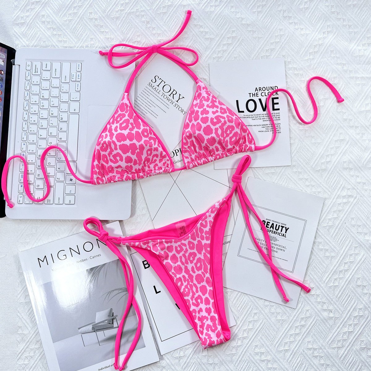 Leopard Print Halter Neck Tie Side Bikini Set - Flip Flop Dynasty