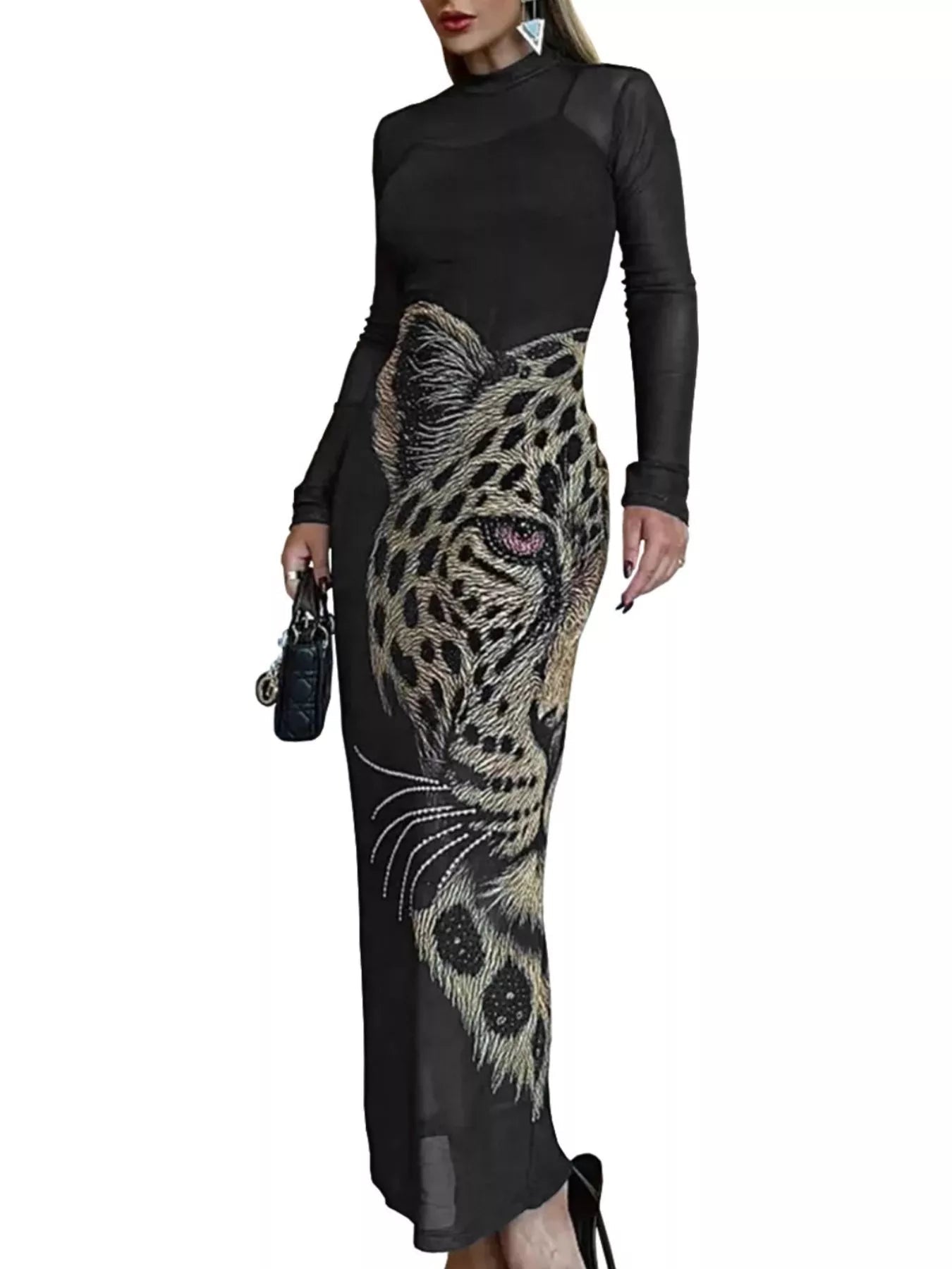 Leopard Print Mesh Long Sleeve Maxi Dress - Flip Flop Dynasty