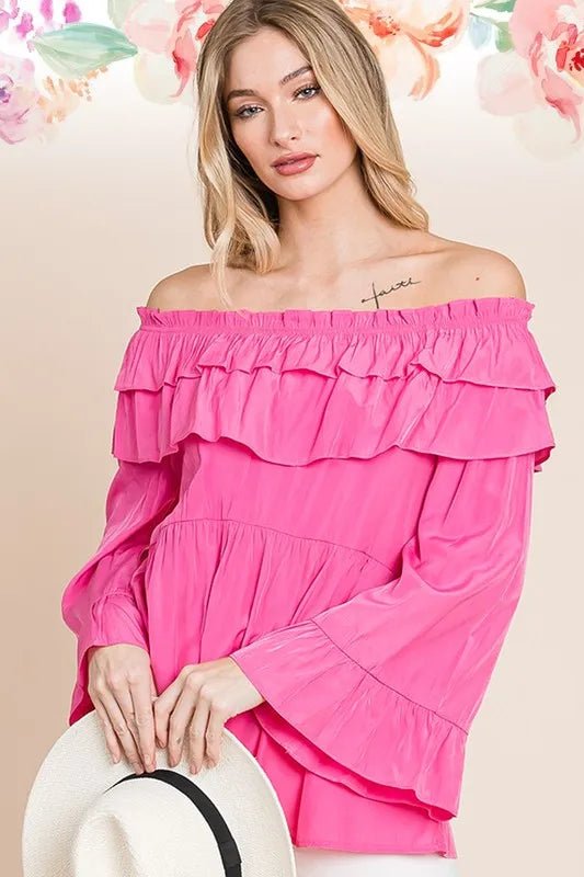 Lime 'N' Chili Ruffled Trumpet Sleeve Off - The - Shoulder Top - Flip Flop Dynasty
