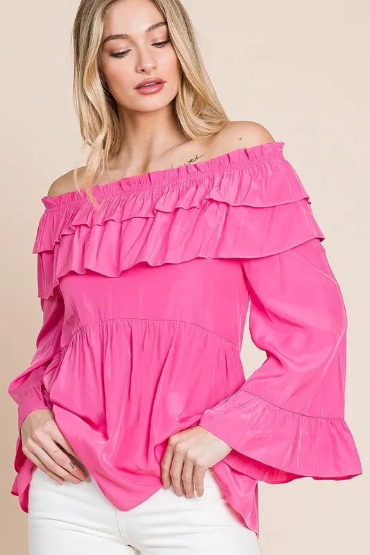 Lime 'N' Chili Ruffled Trumpet Sleeve Off - The - Shoulder Top - Flip Flop Dynasty