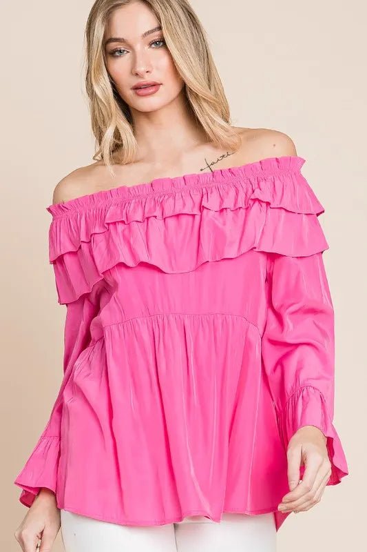 Lime 'N' Chili Ruffled Trumpet Sleeve Off - The - Shoulder Top - Flip Flop Dynasty