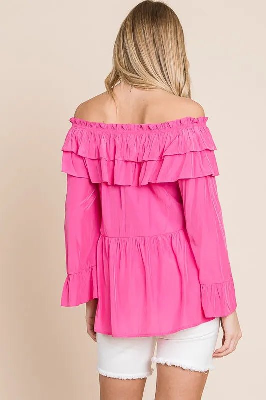Lime 'N' Chili Ruffled Trumpet Sleeve Off - The - Shoulder Top - Flip Flop Dynasty