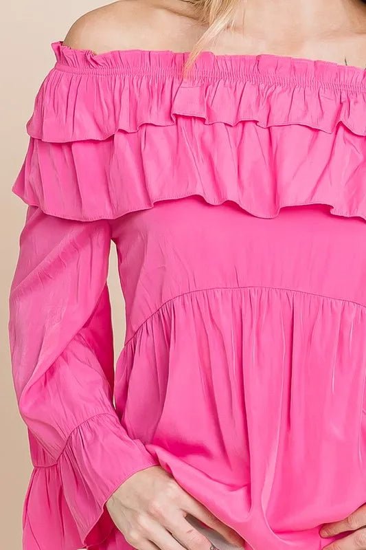 Lime 'N' Chili Ruffled Trumpet Sleeve Off - The - Shoulder Top - Flip Flop Dynasty