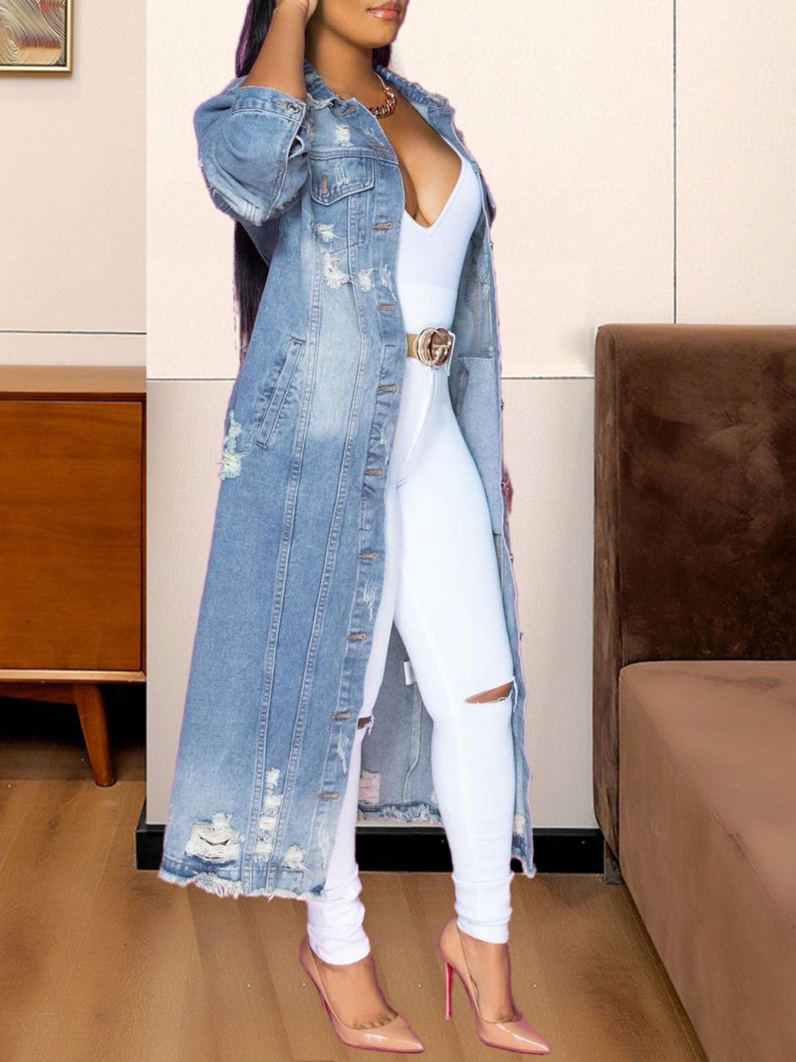 Long Sleeve Raw Hem Denim Jacket - Flip Flop Dynasty