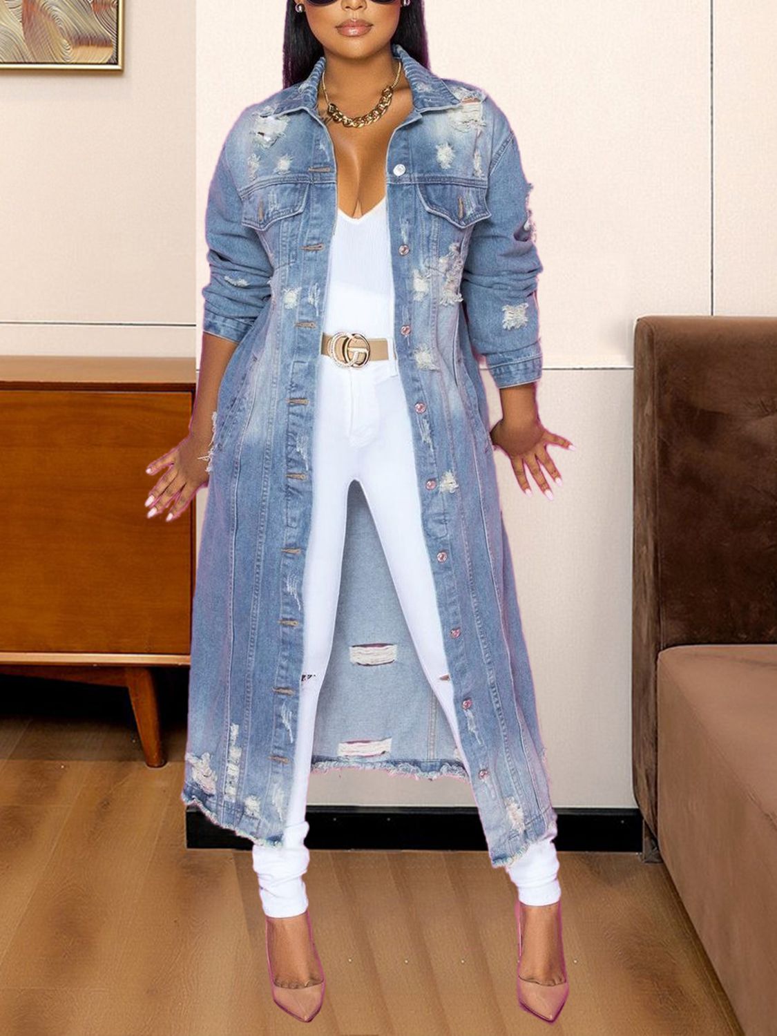 Long Sleeve Raw Hem Denim Jacket - Flip Flop Dynasty