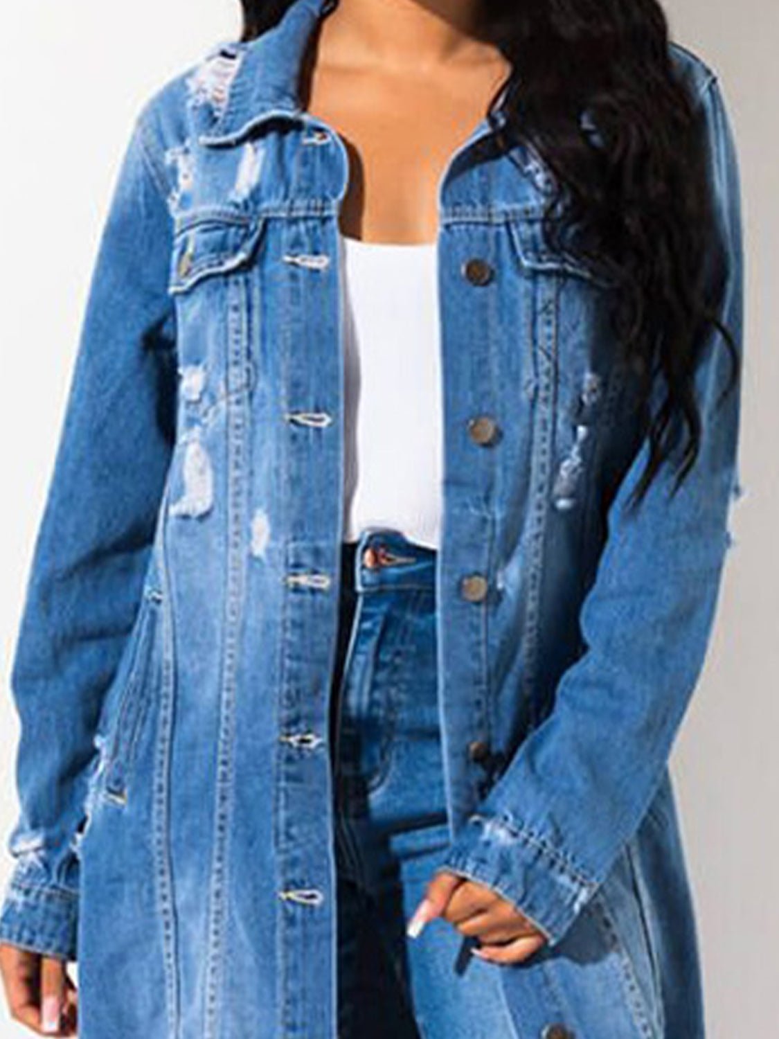 Long Sleeve Raw Hem Denim Jacket - Flip Flop Dynasty