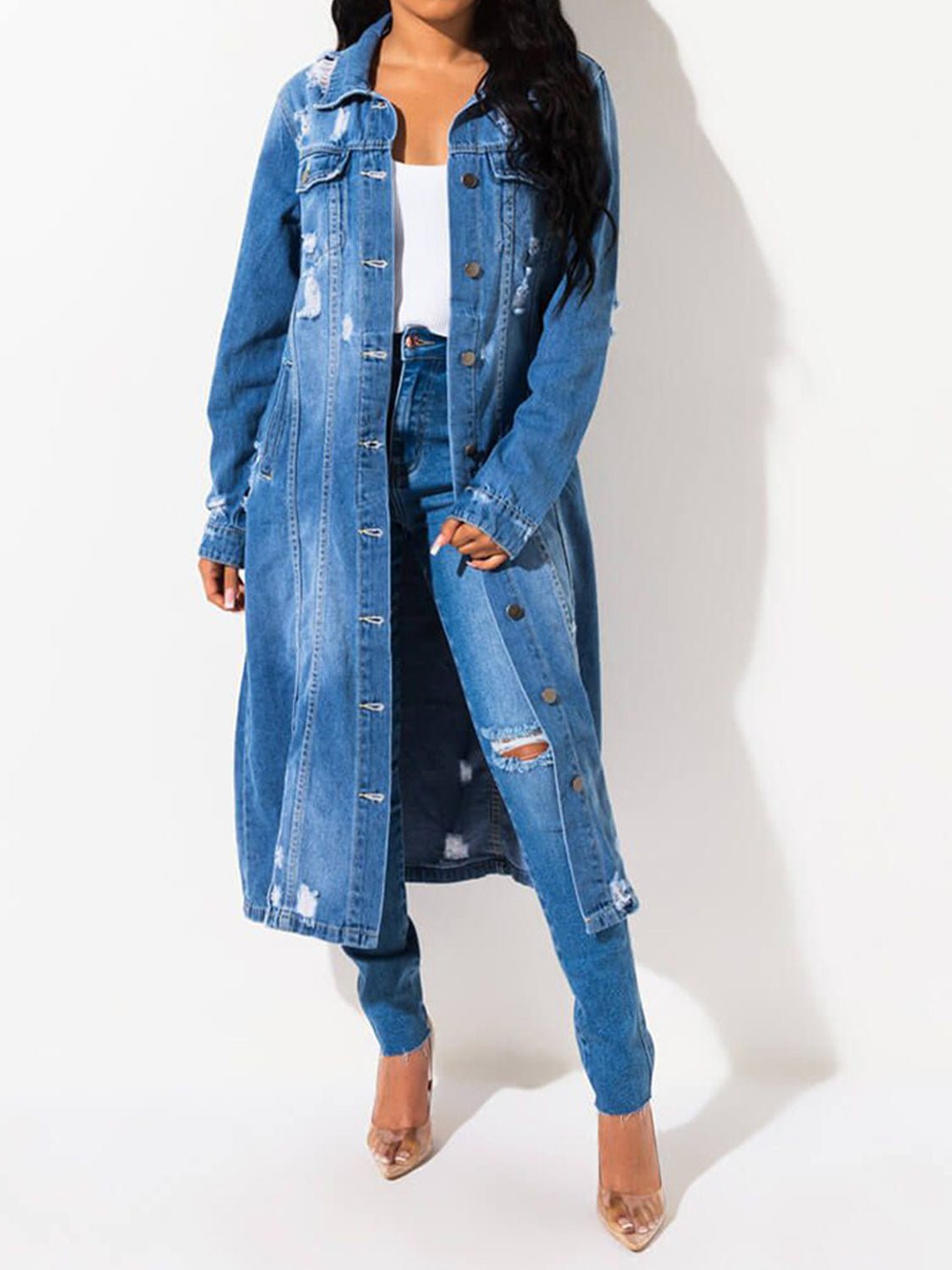 Long Sleeve Raw Hem Denim Jacket - Flip Flop Dynasty