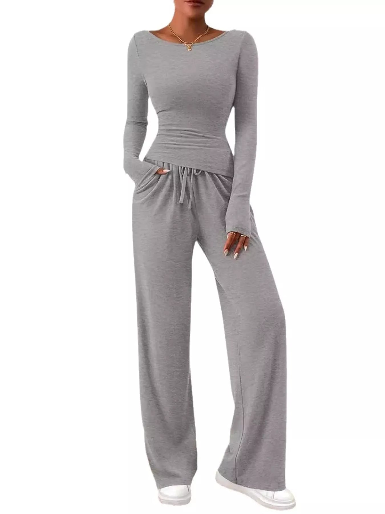 Long Sleeve Top and Wide Leg Pants Set - Flip Flop Dynasty