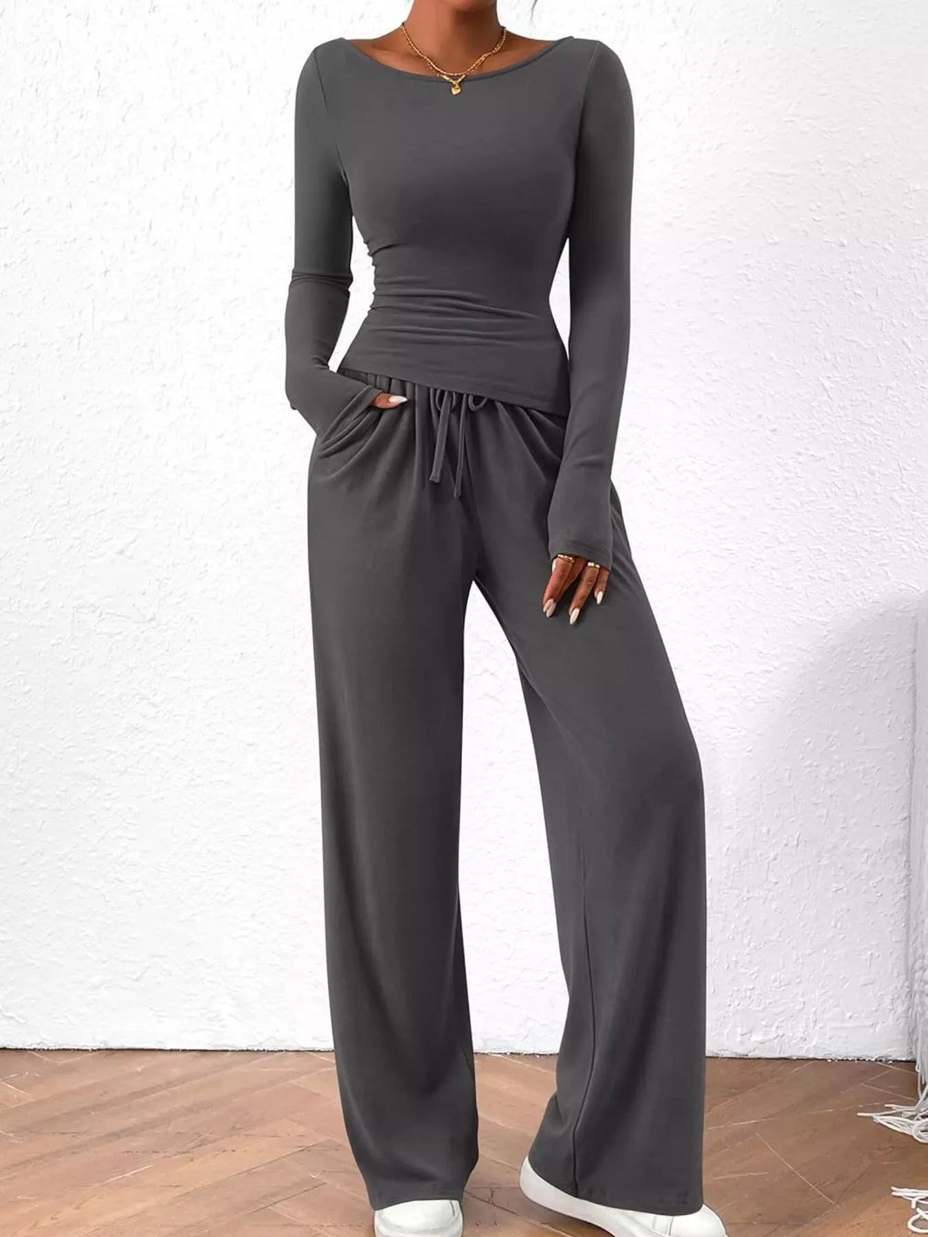 Long Sleeve Top and Wide Leg Pants Set - Flip Flop Dynasty
