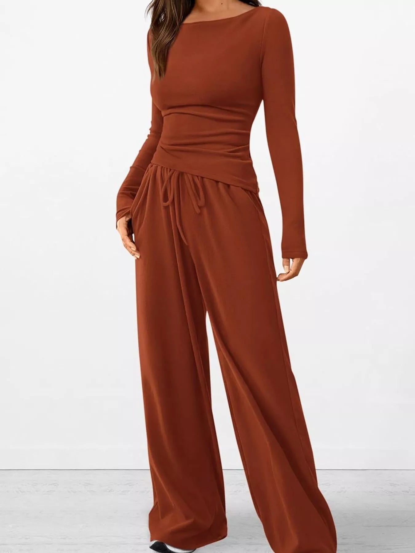 Long Sleeve Top and Wide Leg Pants Set - Flip Flop Dynasty