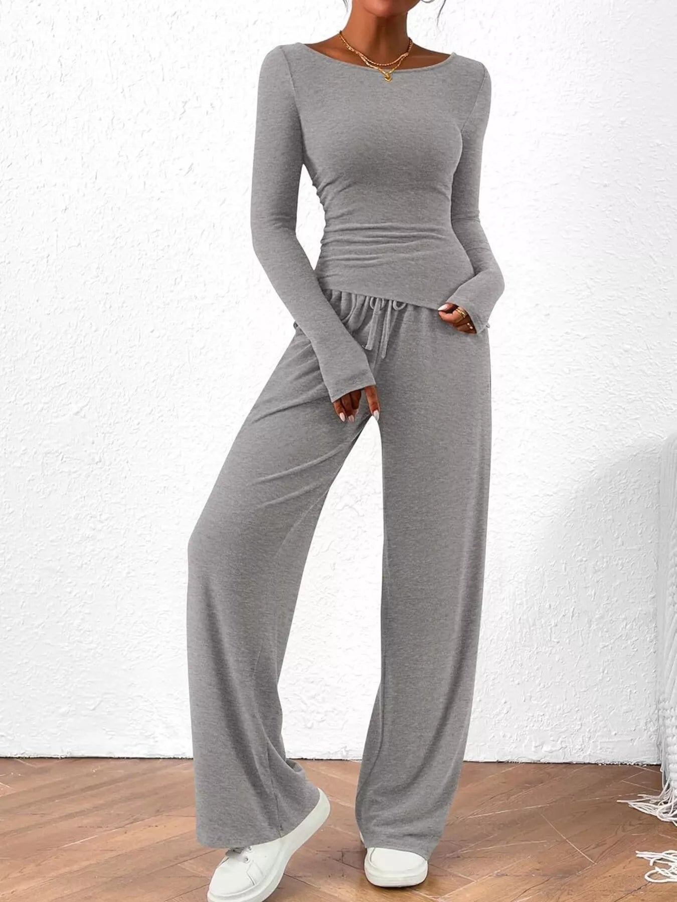 Long Sleeve Top and Wide Leg Pants Set - Flip Flop Dynasty