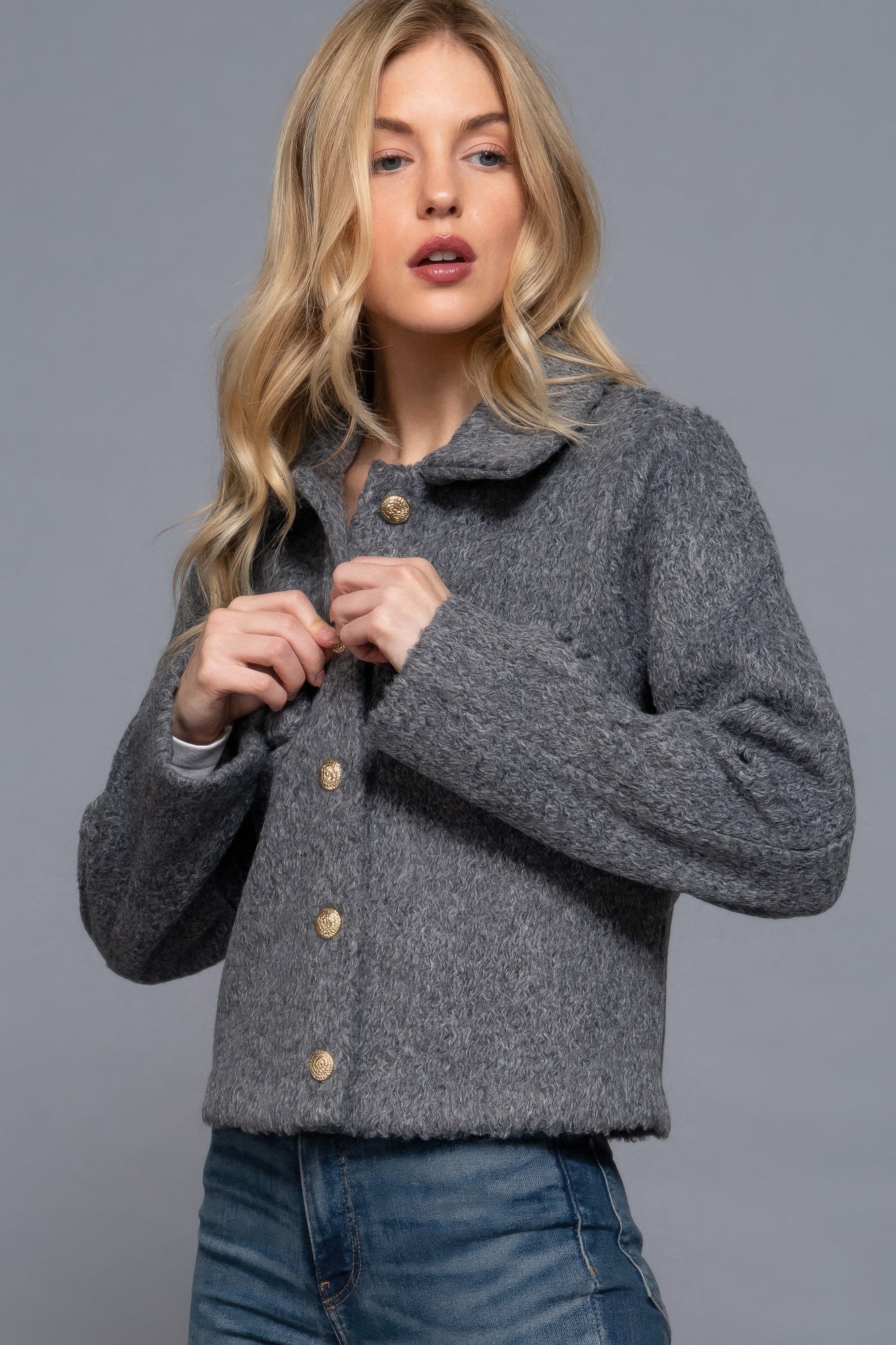 Long Slv Teddy Fleece Short Jacket - Flip Flop Dynasty