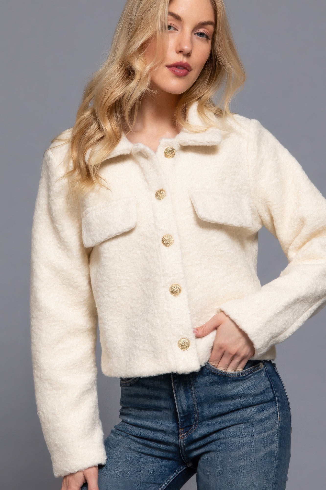 Long Slv Teddy Fleece Short Jacket - Flip Flop Dynasty