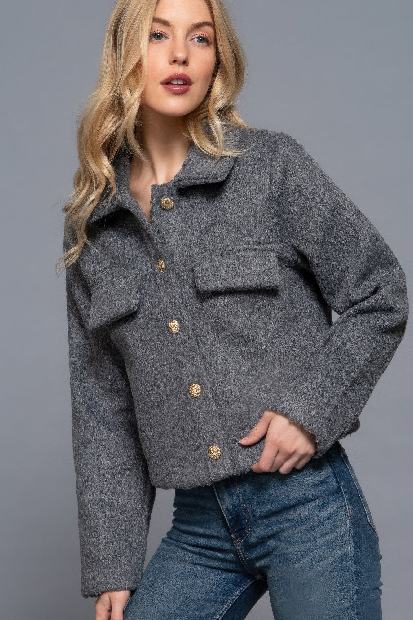 Long Slv Teddy Fleece Short Jacket - Flip Flop Dynasty