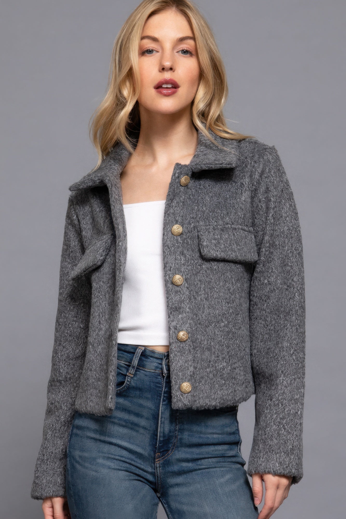 Long Slv Teddy Fleece Short Jacket - Flip Flop Dynasty