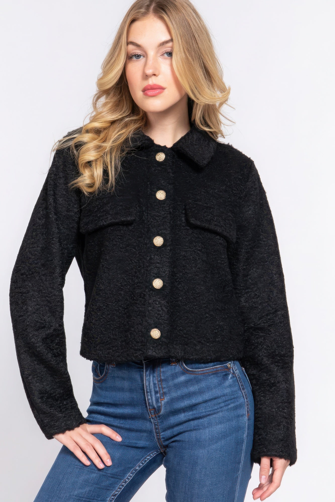 Long Slv Teddy Fleece Short Jacket - Flip Flop Dynasty