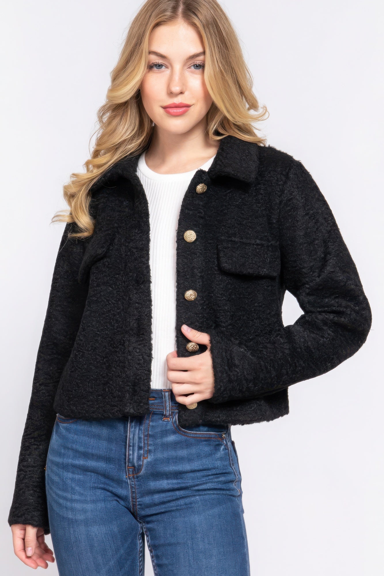 Long Slv Teddy Fleece Short Jacket - Flip Flop Dynasty
