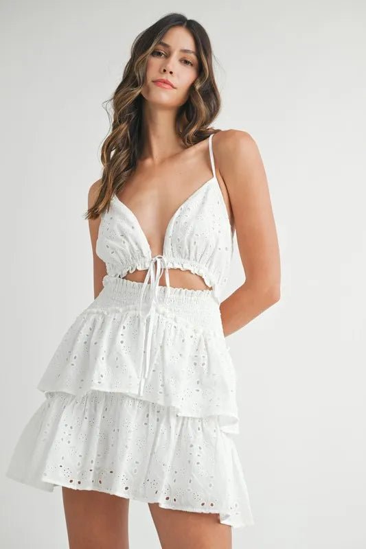 MABLE Lace Eyelet Ruffle Mini Dress With Front Cutout - Flip Flop Dynasty