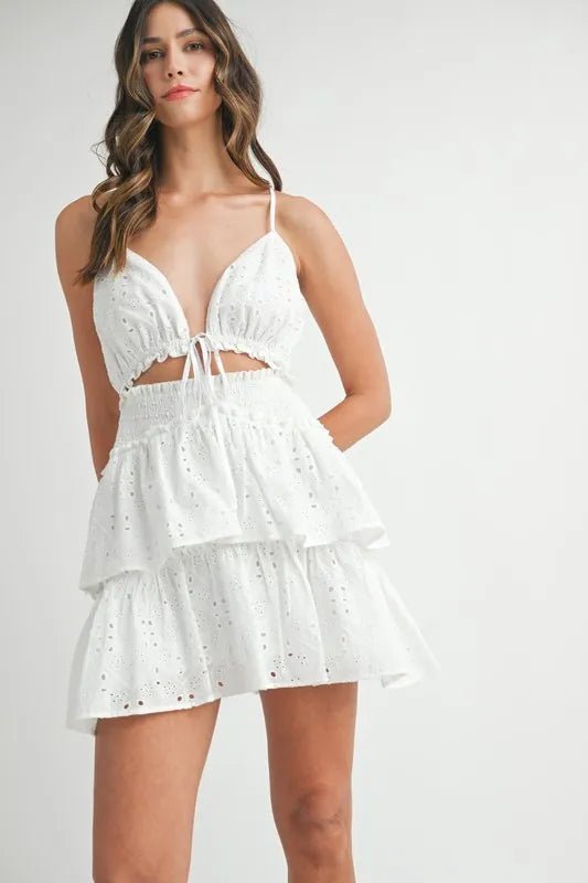 MABLE Lace Eyelet Ruffle Mini Dress With Front Cutout - Flip Flop Dynasty