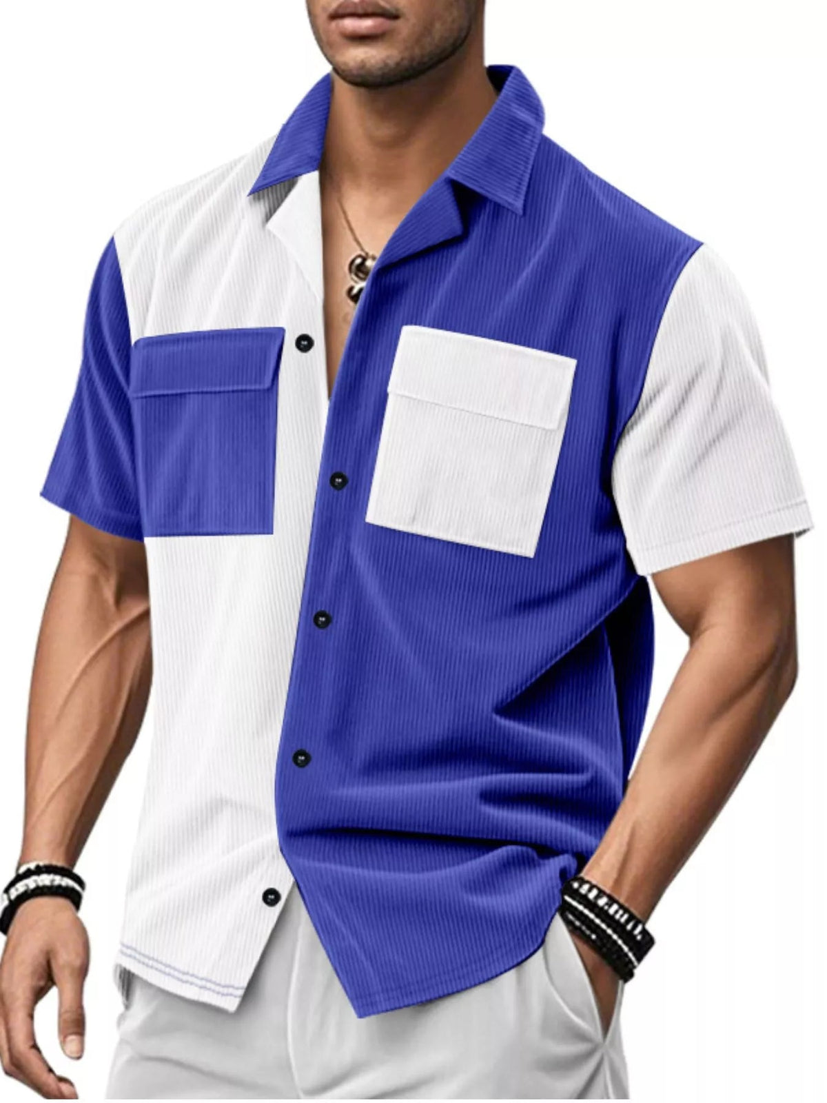 Men's Full Size Color Block Corduroy Short Sleeve Shirt Plus Size - Flip Flop Dynasty