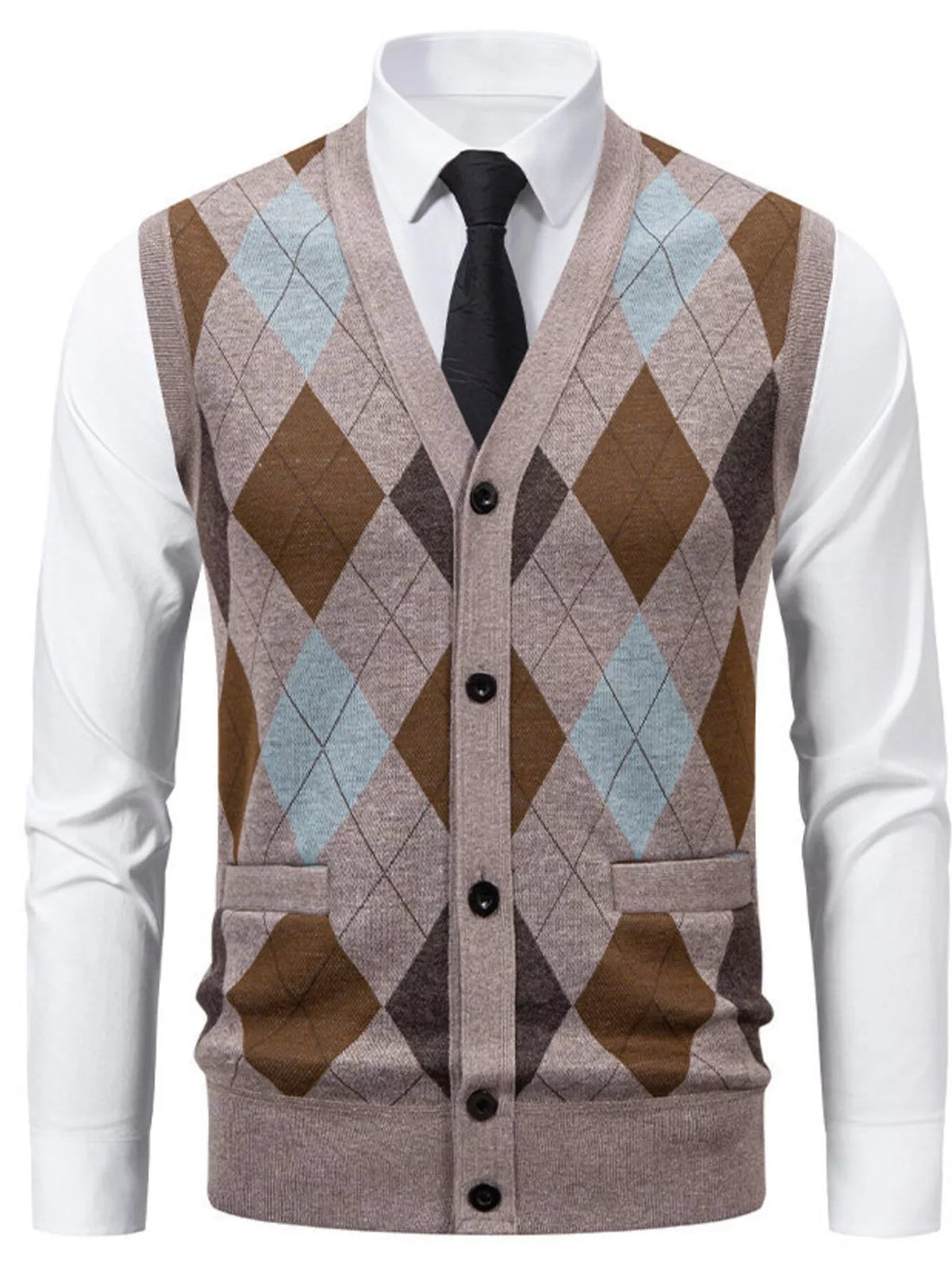 Men's Plus Size Argyle Pattern V-Neck Button-Down Cardigan Vest - Flip Flop Dynasty