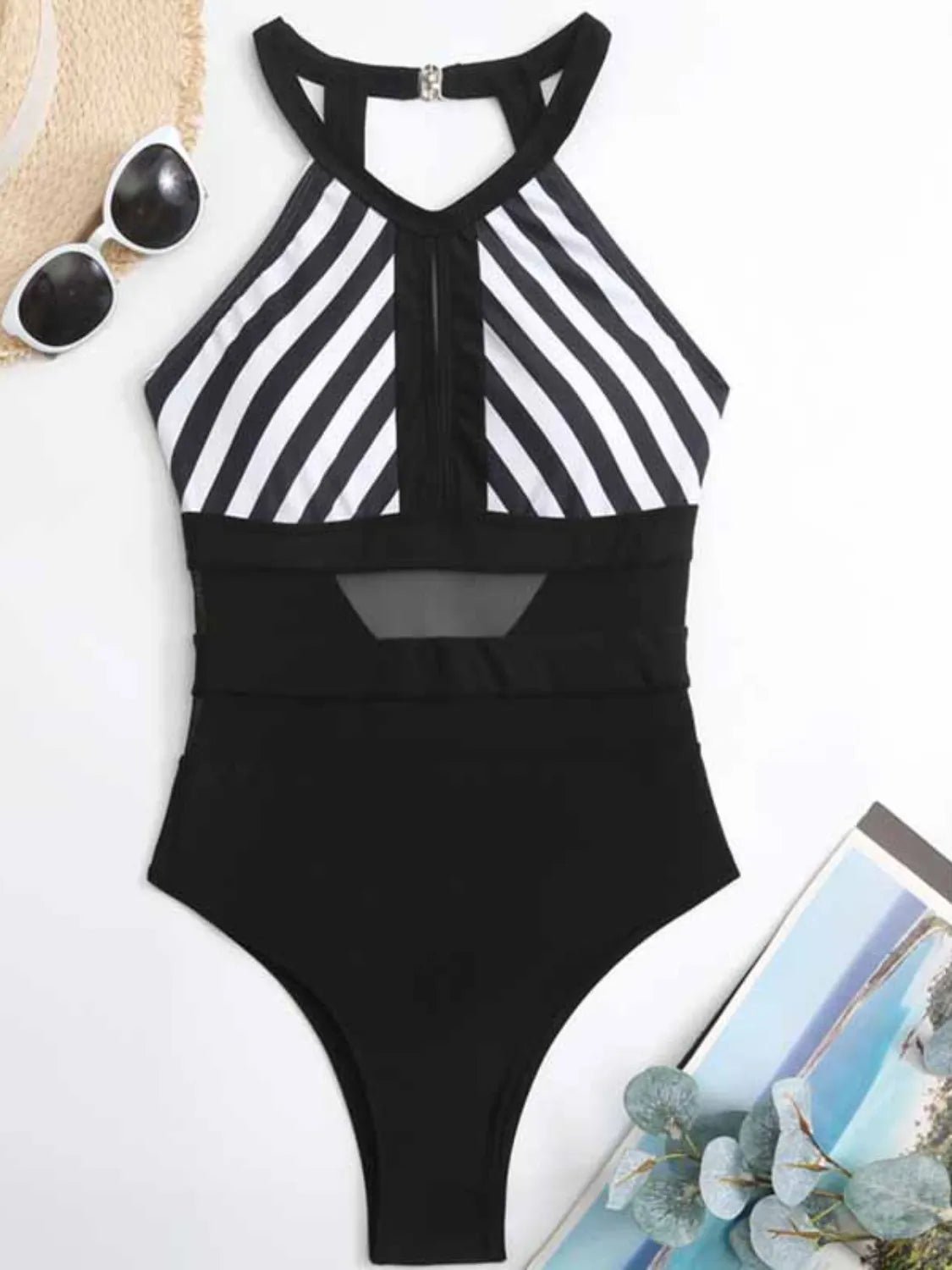 Mesh Detail Backless Striped One - Piece Swimsuit - Flip Flop Dynasty