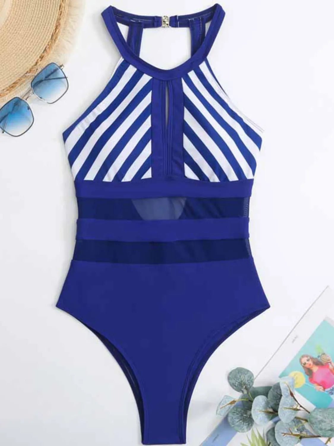 Mesh Detail Backless Striped One - Piece Swimsuit - Flip Flop Dynasty