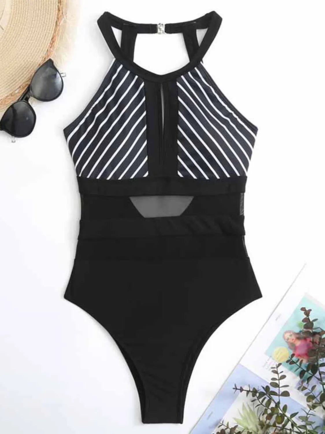 Mesh Detail Backless Striped One - Piece Swimsuit - Flip Flop Dynasty