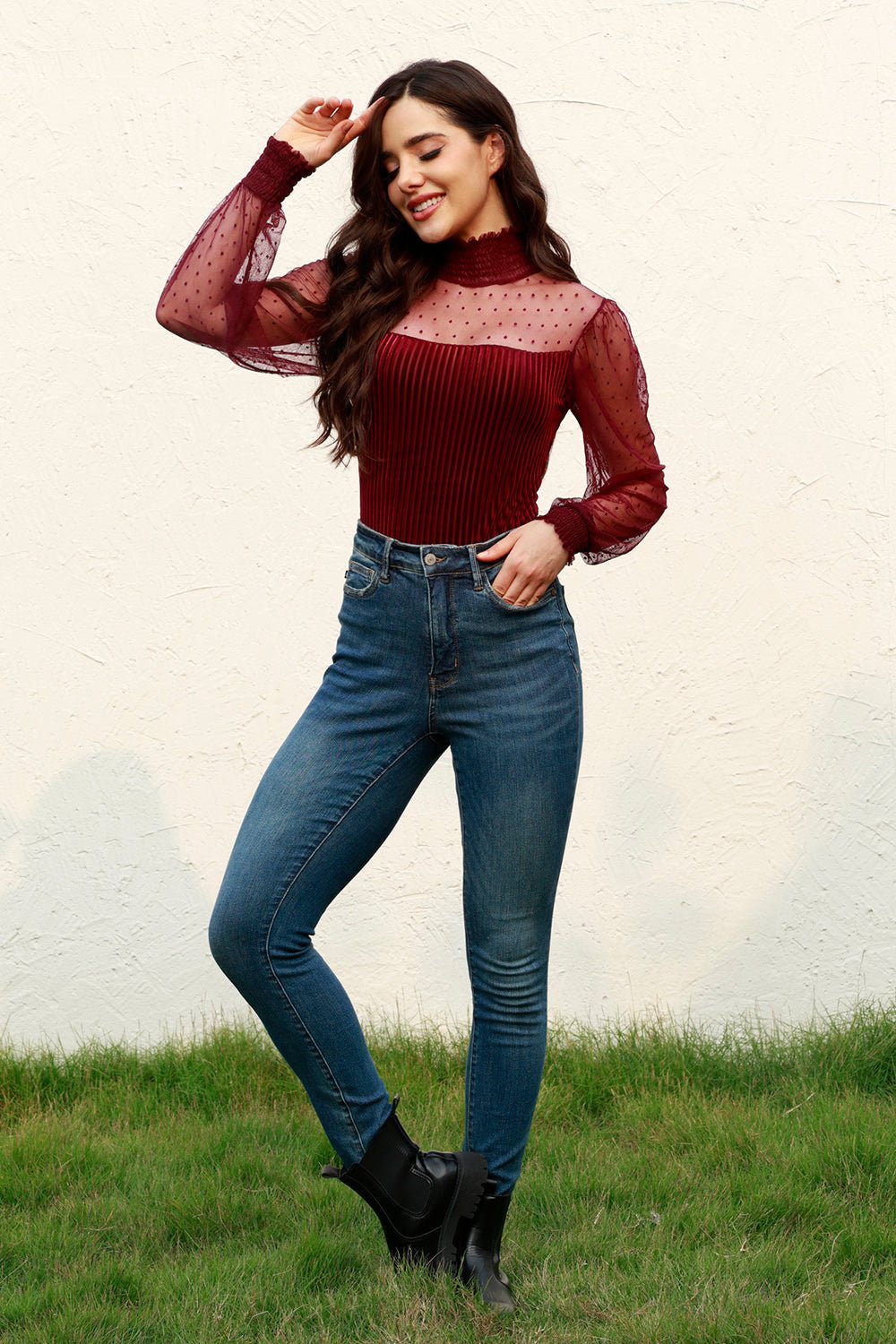 Mesh Long Sleeve Velvet Bodysuit - Flip Flop Dynasty