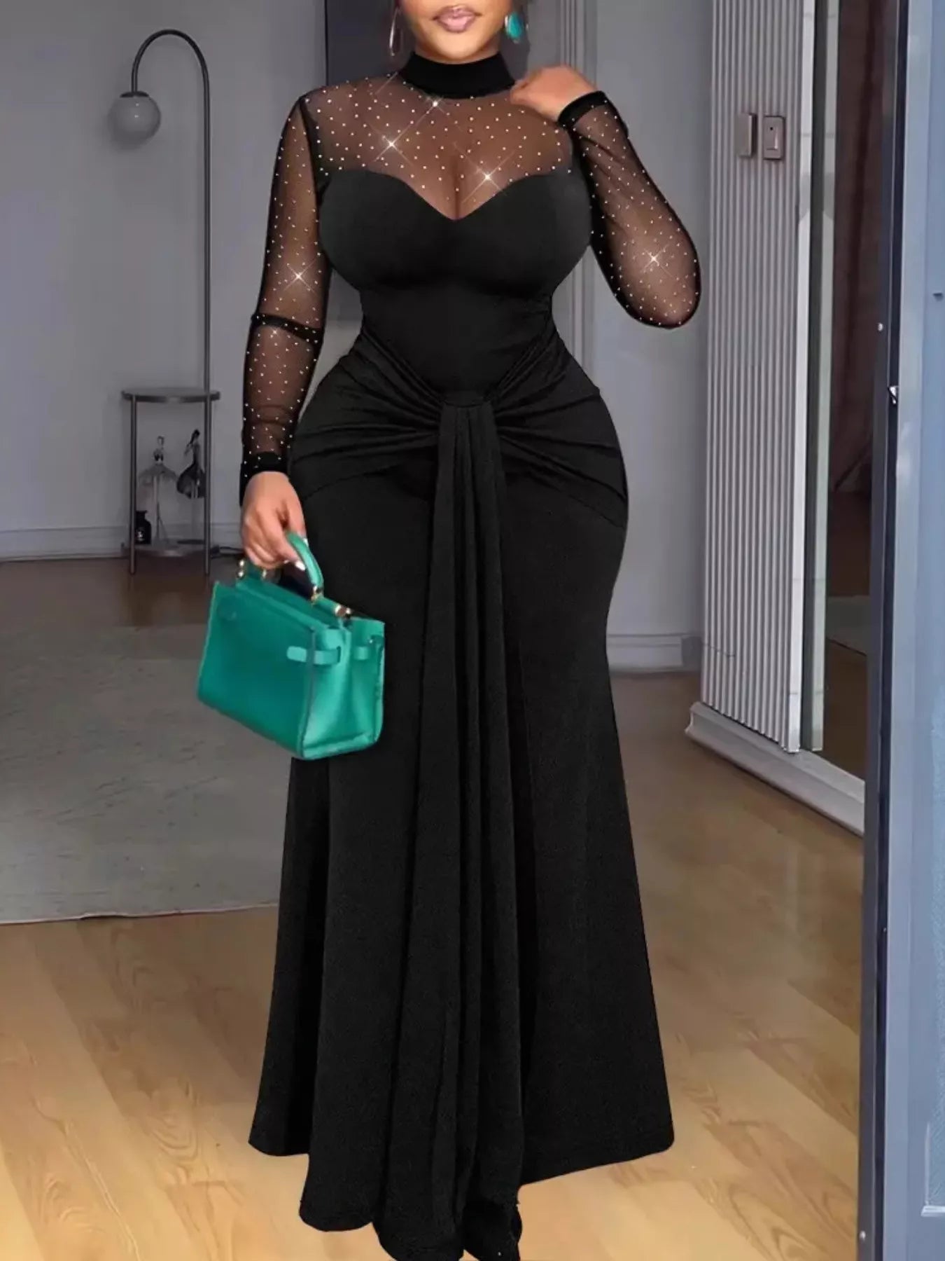 Mesh Mock Neck Long Sleeve Maxi Dress - Flip Flop Dynasty