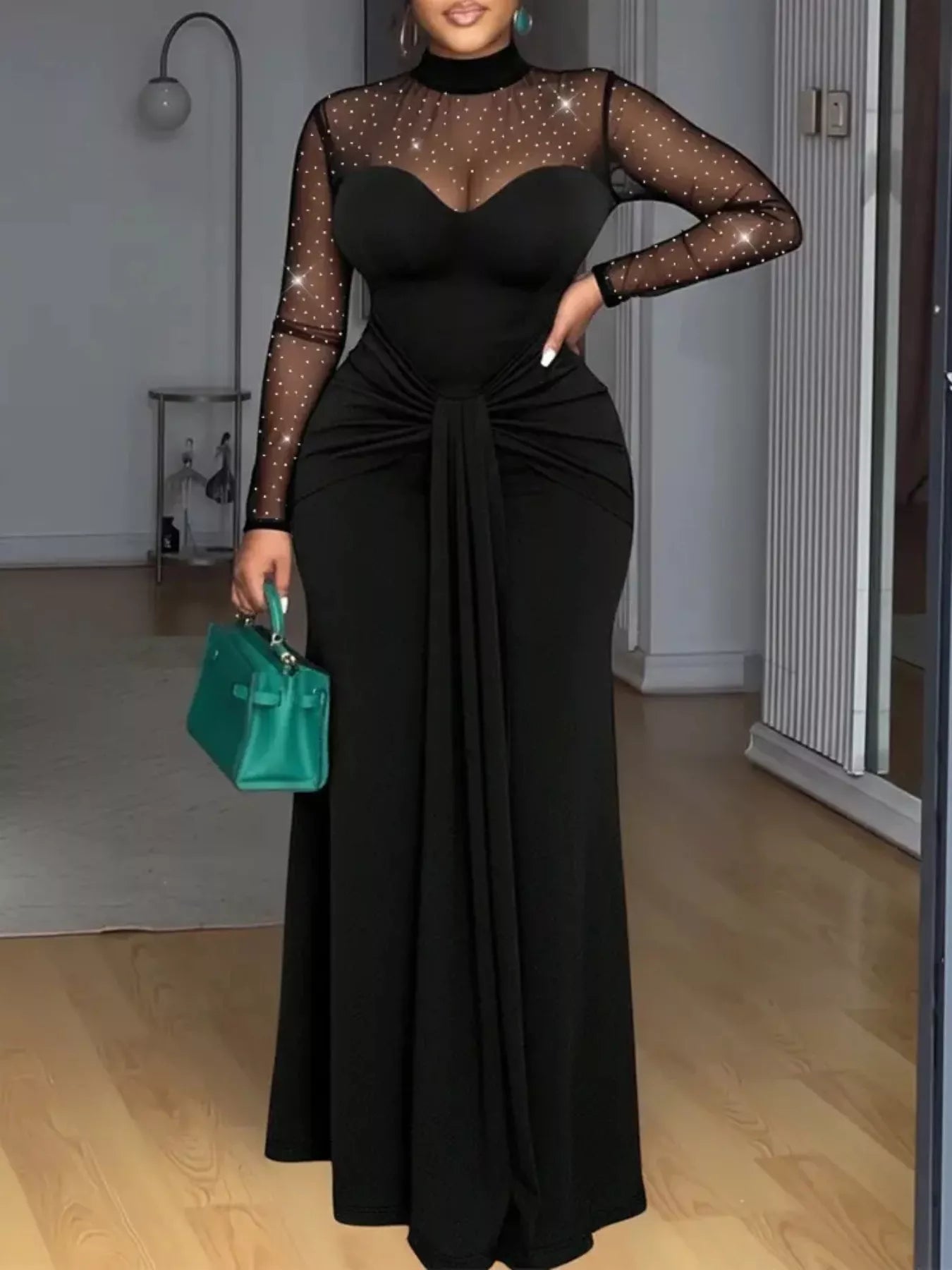 Mesh Mock Neck Long Sleeve Maxi Dress - Flip Flop Dynasty
