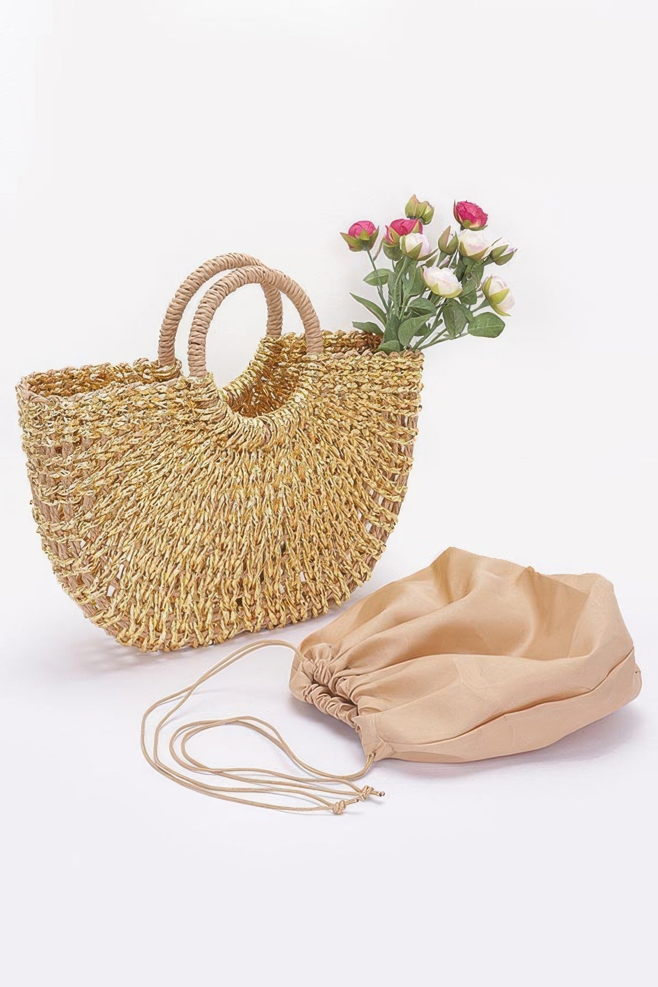 Metallic Faux Straw Tote Bag W Pouch - Flip Flop Dynasty