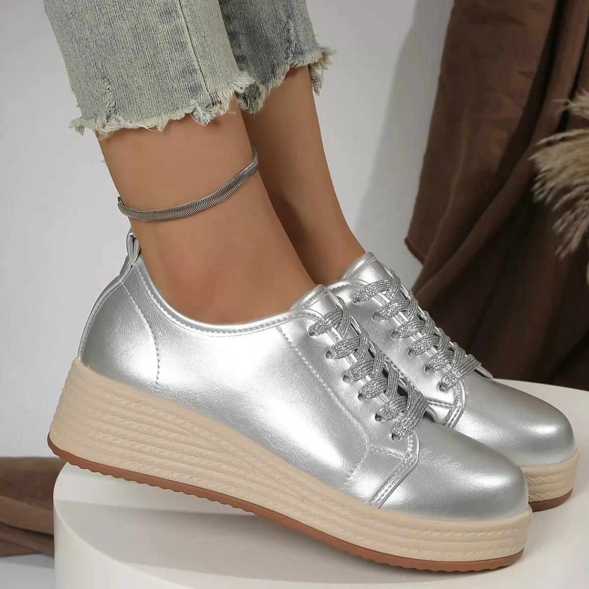 Metallic Platform Sneakers with Height-Increasing Sole - Flip Flop Dynasty