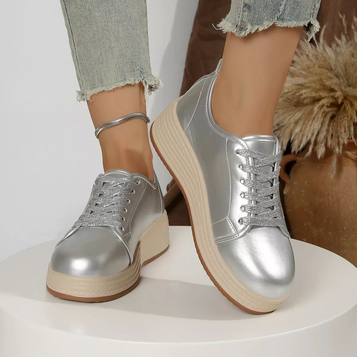 Metallic Platform Sneakers with Height-Increasing Sole - Flip Flop Dynasty
