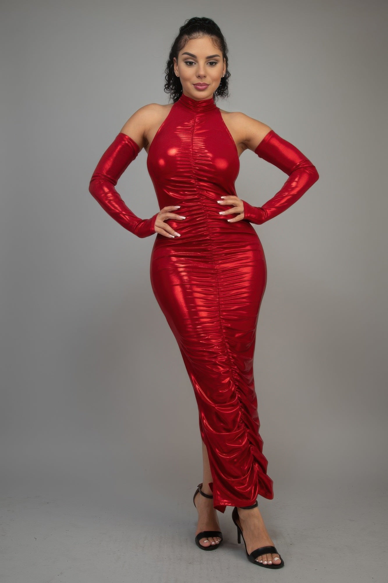 Metallic Ruched Dress With Sleeves - Flip Flop Dynasty
