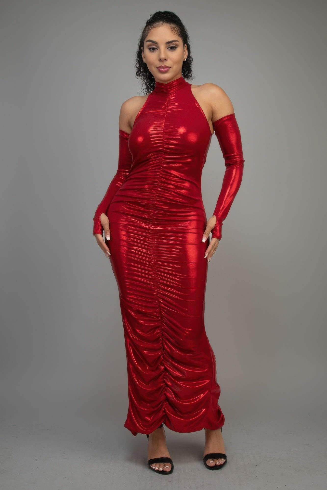 Metallic Ruched Dress With Sleeves - Flip Flop Dynasty