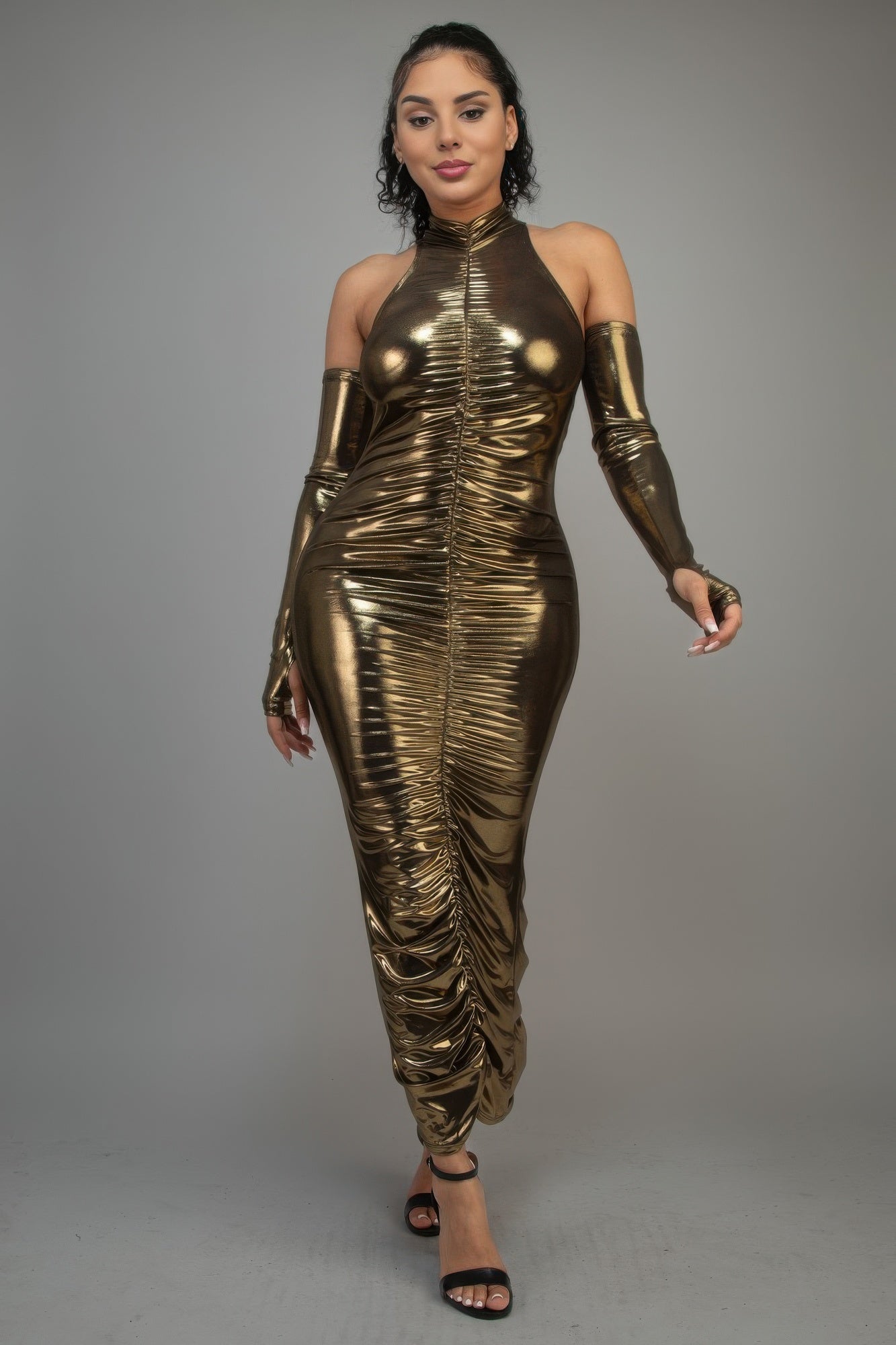 Metallic Ruched Dress With Sleeves - Flip Flop Dynasty