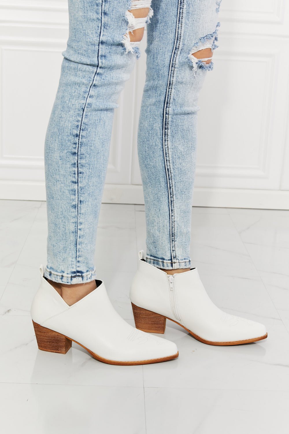 MMShoes Trust Yourself Embroidered Crossover Cowboy Bootie in White - Flip Flop Dynasty