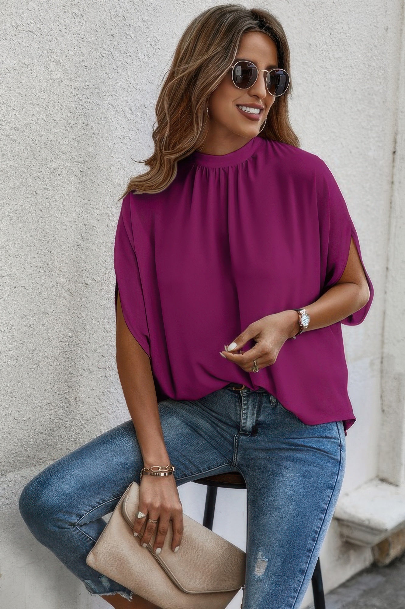 Mock Neck Batwing Sleeve Solid Loose Blouse - Flip Flop Dynasty