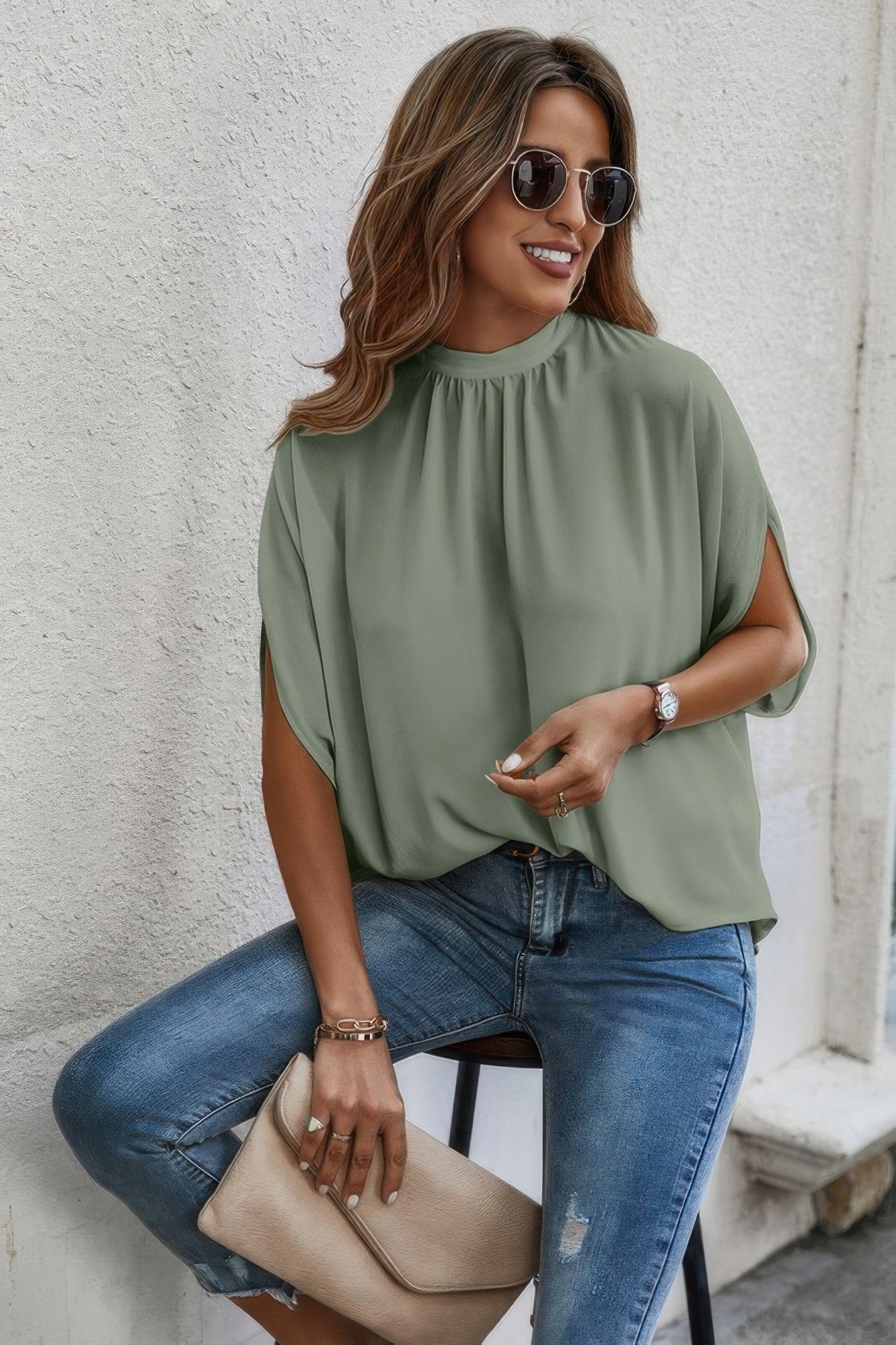 Mock Neck Batwing Sleeve Solid Loose Blouse - Flip Flop Dynasty