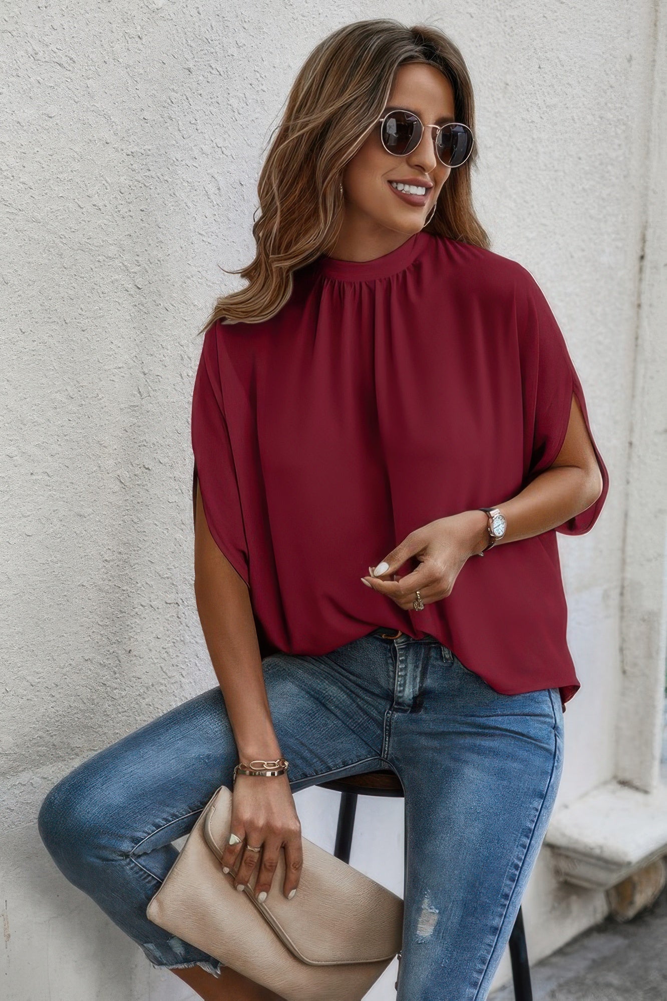 Mock Neck Batwing Sleeve Solid Loose Blouse - Flip Flop Dynasty
