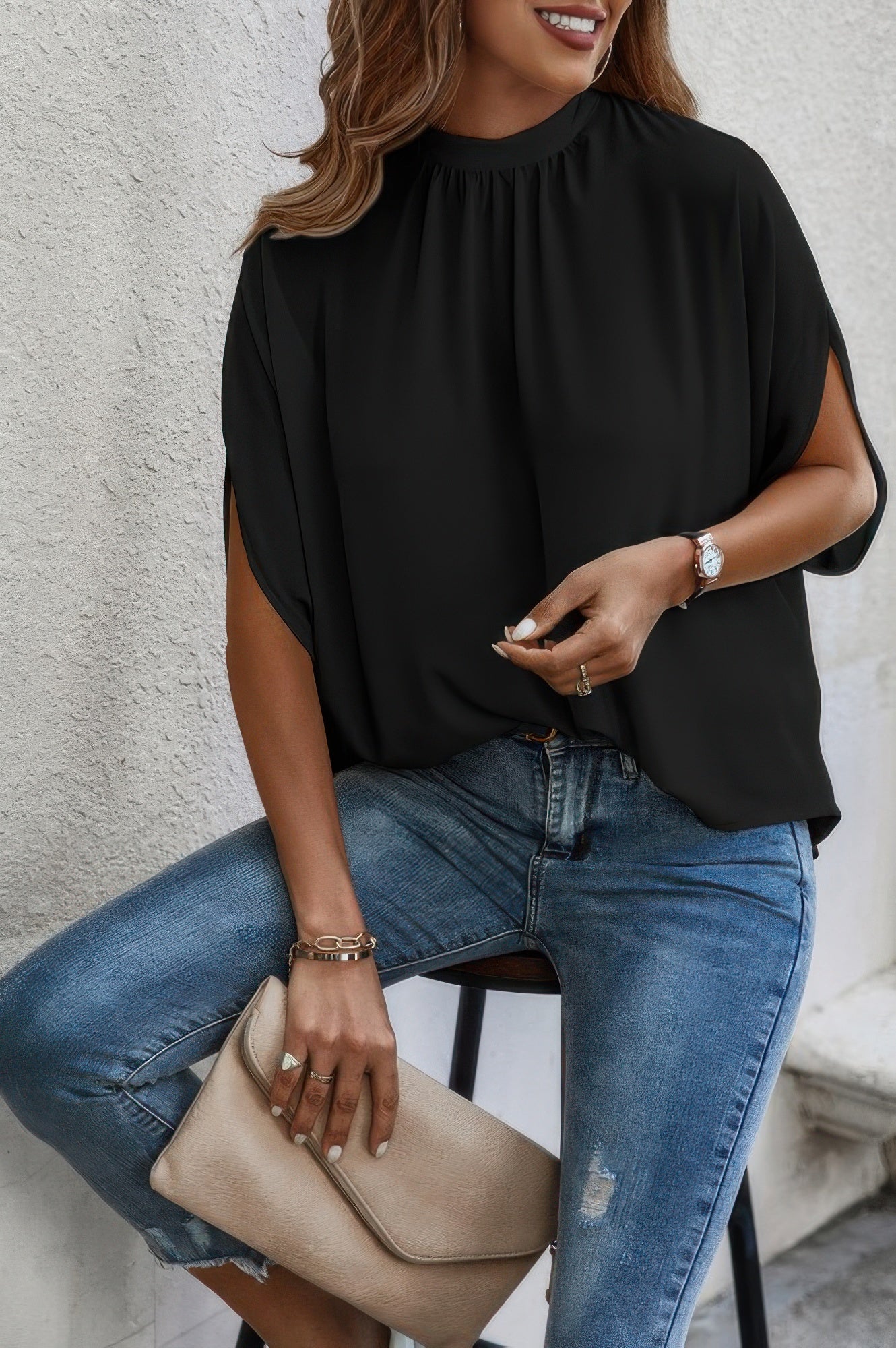 Mock Neck Batwing Sleeve Solid Loose Blouse - Flip Flop Dynasty