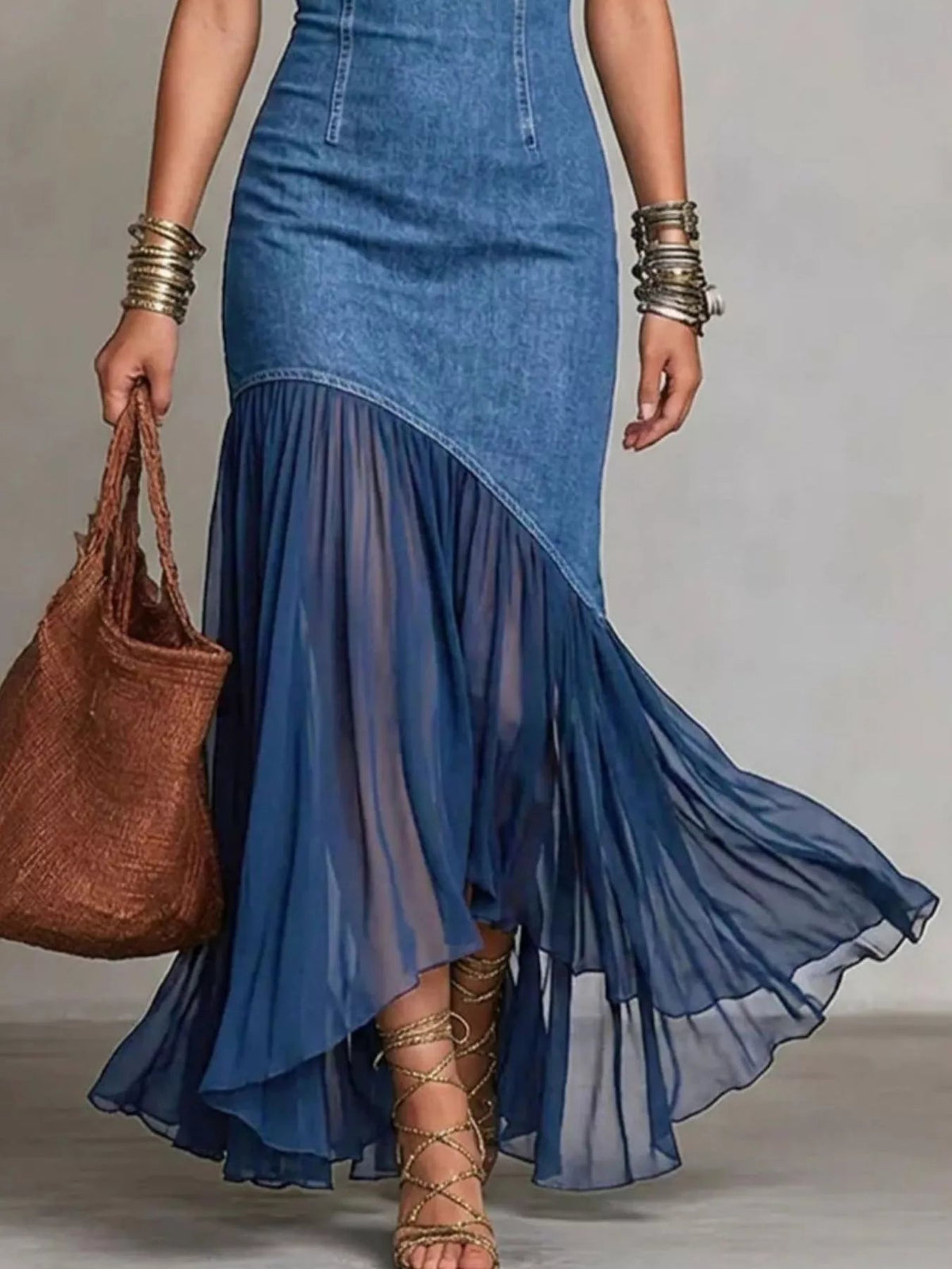 Mock Neck Cold Shoulder Ruffle Hem Maxi Dress - Flip Flop Dynasty