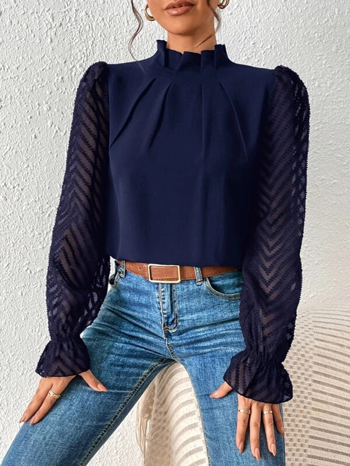 Mock Neck Flounce Sleeve Blouse - Flip Flop Dynasty